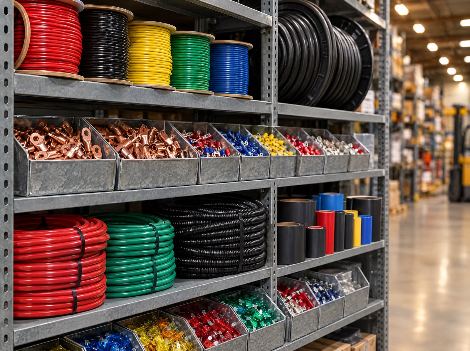 Spools of colored primary wire, battery cable, air brake tubing, and bins of copper lugs and terminals on warehouse shelving