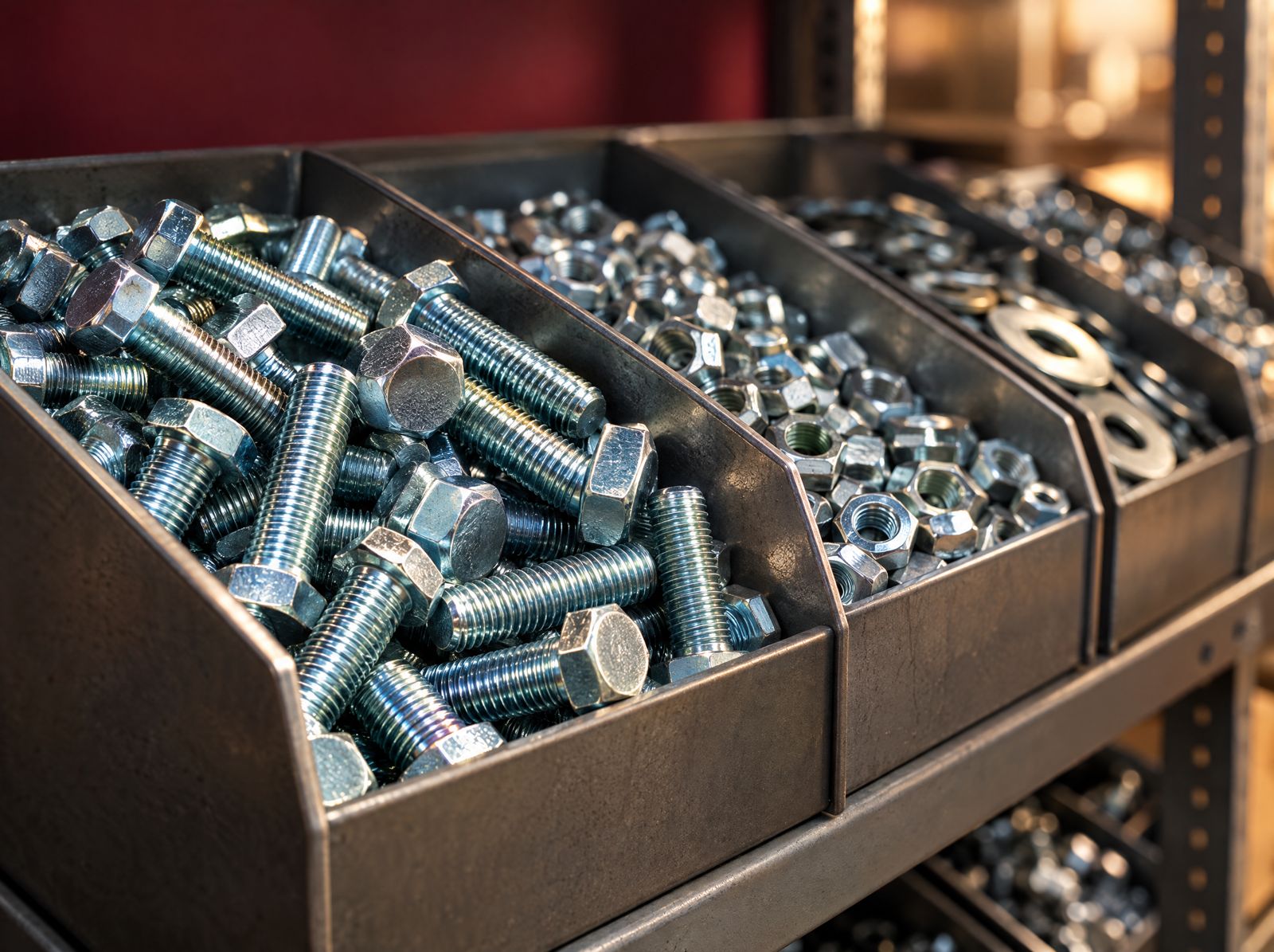 Bins of zinc-plated hex bolts, nuts, and washers