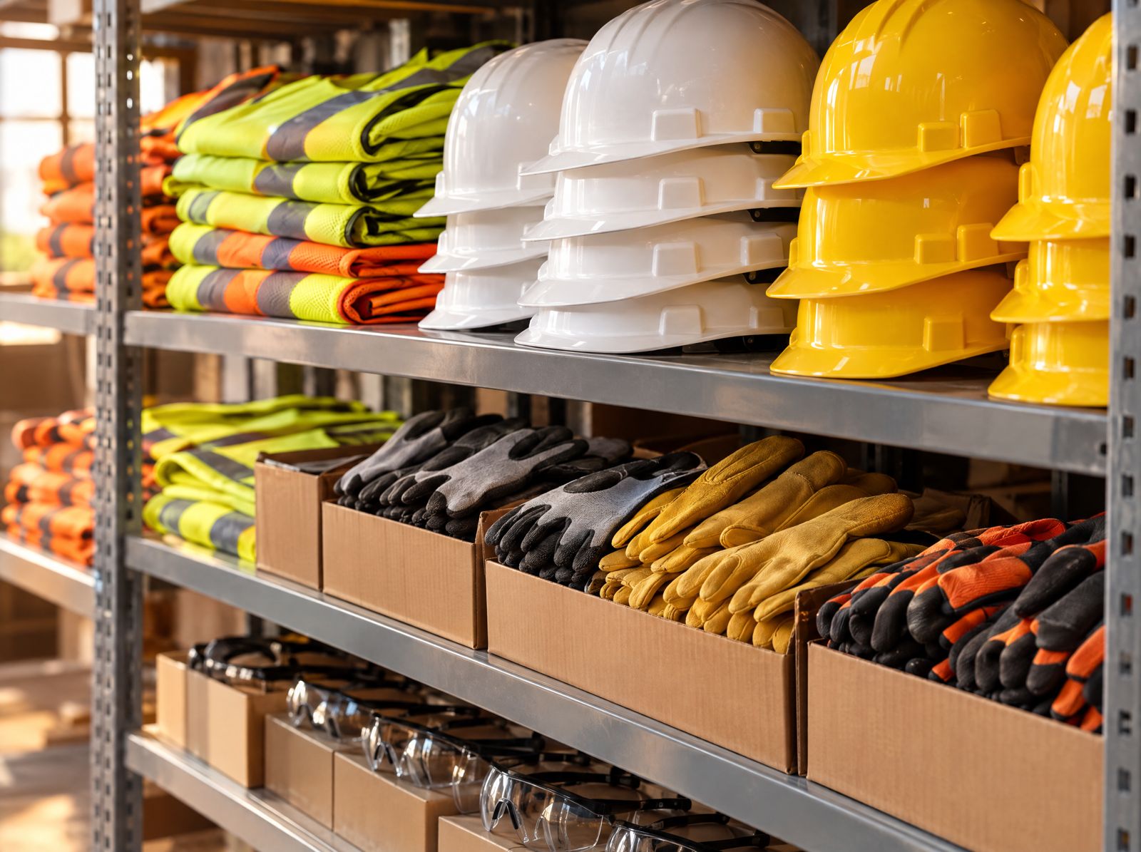 Hard hats, high-visibility vests, gloves, and safety glasses on warehouse shelving