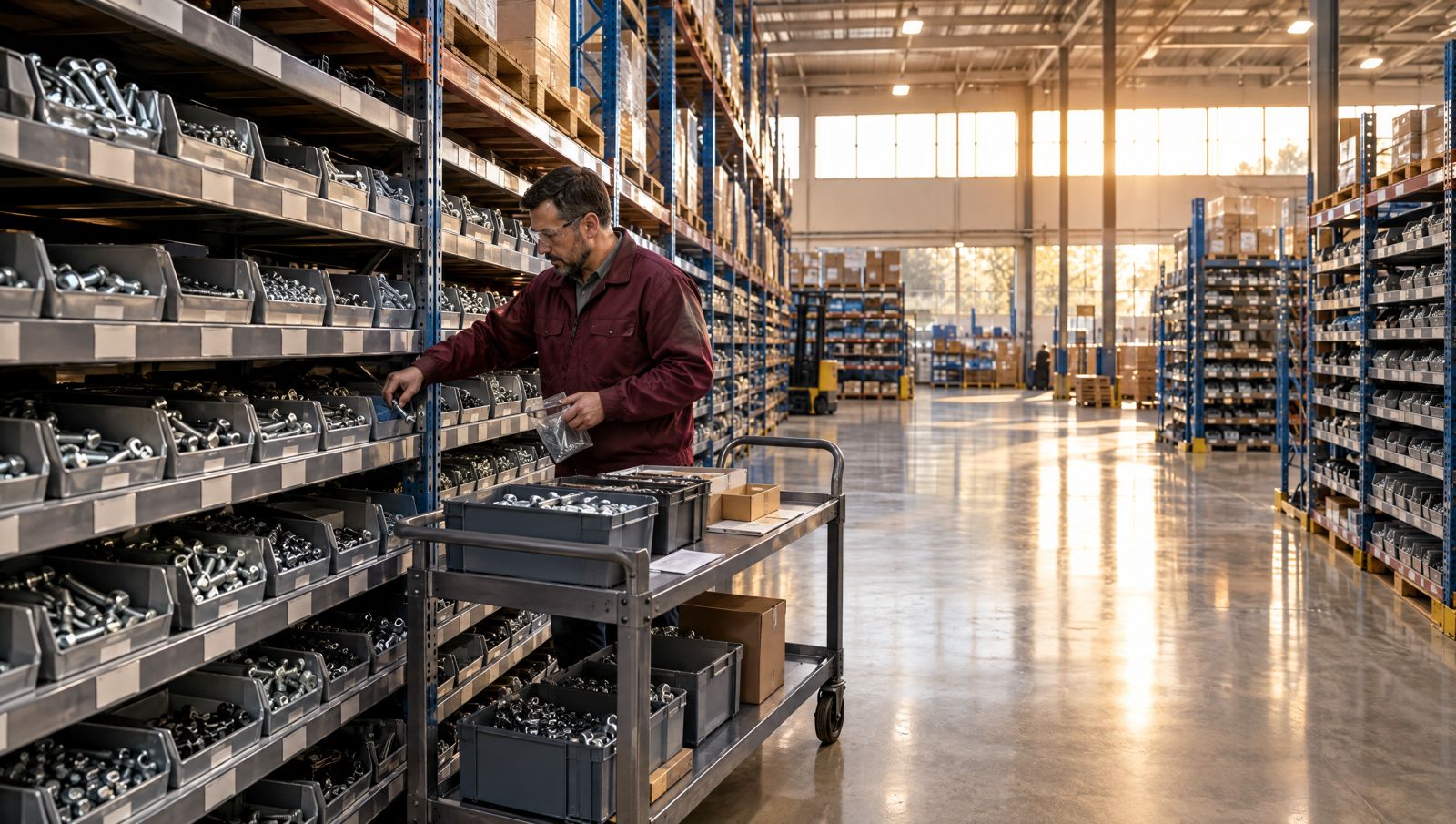 Warehouse associate pulling an order from aisles of steel bins stocked with bolts and nuts